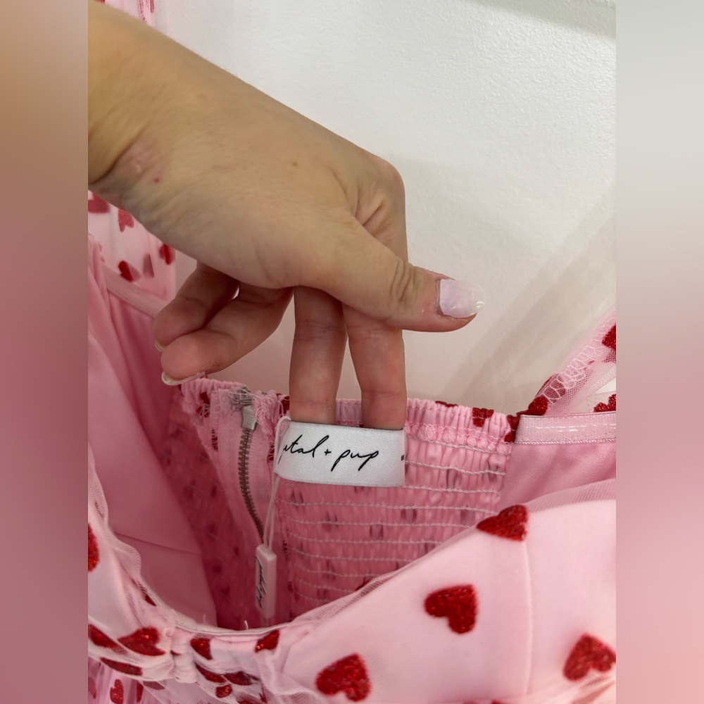 Petal & Pup Floret Pink Tulle Red Hearts Midi Dress Tie Straps NWT Valentines S - Picture 9 of 15